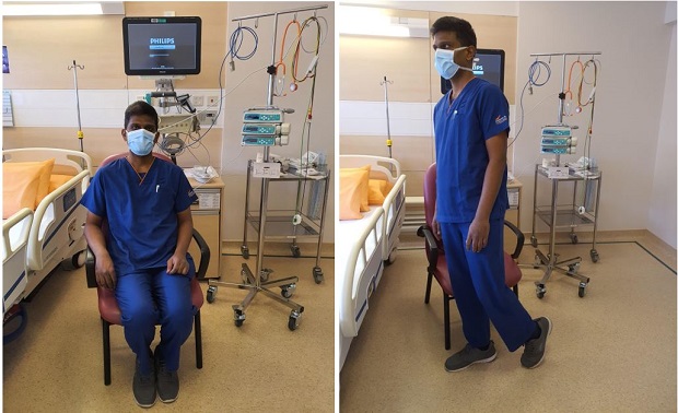  ​One of the exercises Vimal gets his patients to do. The simple act of standing trains their muscle strength and endurance.