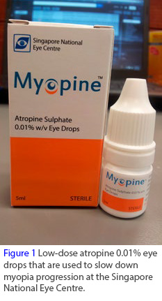 Use of atropine eye drops to slow down the progression of myopia at the Singapore National Eye Centre.
